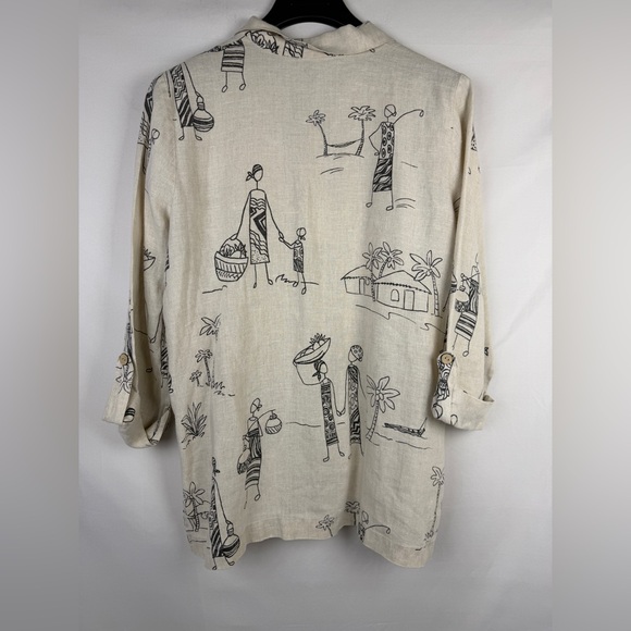 Hot Cotton by Marc Ware 100% Linen Shirt Women's Artsy Tribal Line Art L - Picture 5 of 6